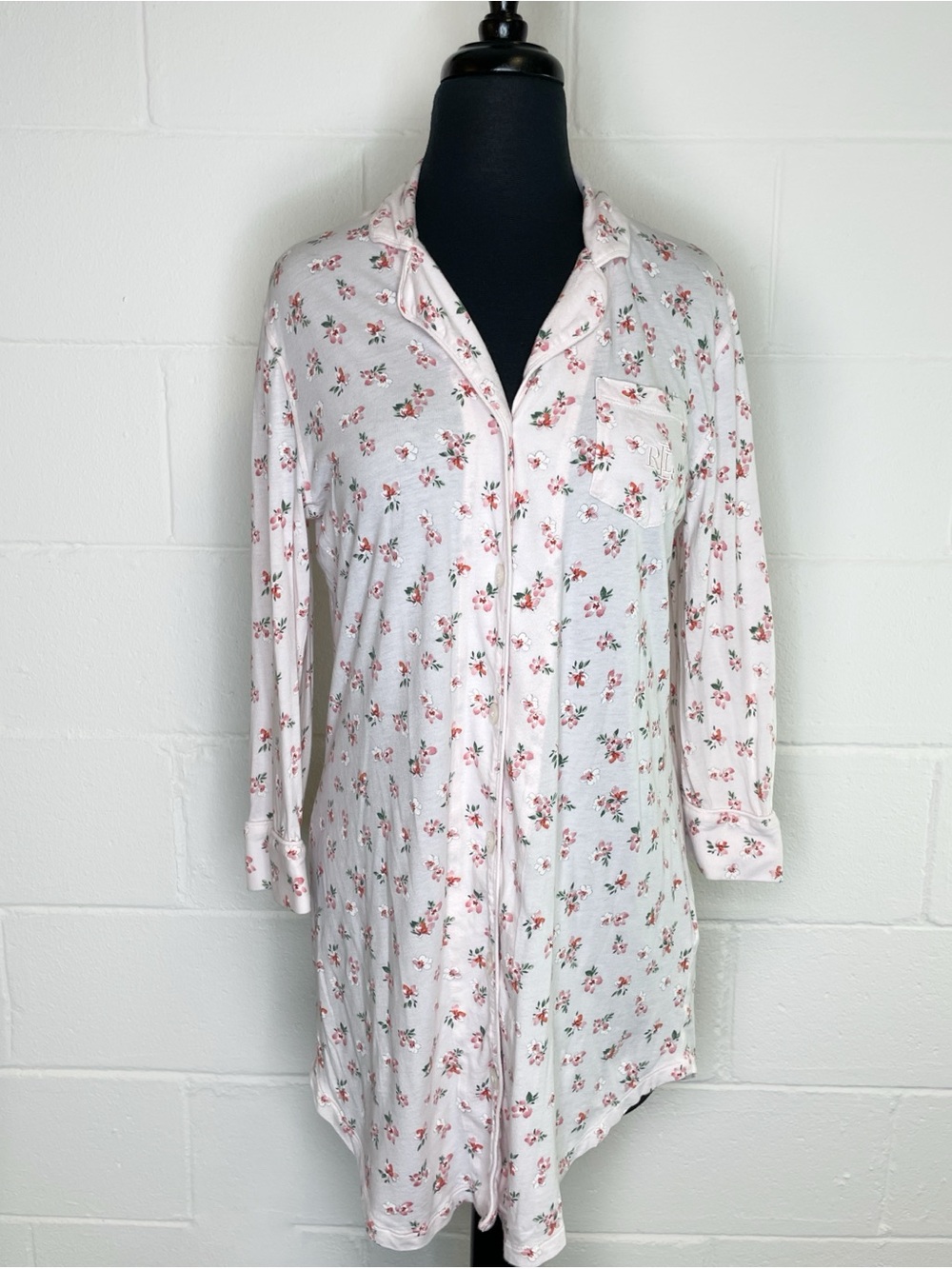 Lauren Ralph Lauren 3/4 Sleeve Notch Collar Sleepshirt Pink Floral